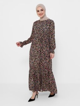 Doğal Kumaşlı Beli Lastikli Çiçek Desenli Siyah Elbise