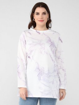 Büyük Beden Bisiklet Yaka Desenli Ekru Lila Tunik