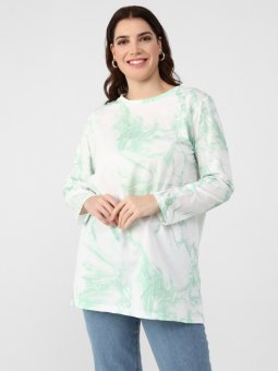 Büyük Beden Bisiklet Yaka Desenli Ekru Yeşil Tunik