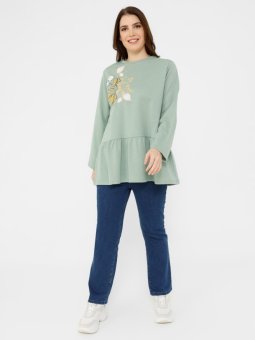 Büyük Beden Eteği Volanlı Su Yeşili Tunik