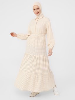 Viskon Kumaşlı Ekose Desenli Bej Off White Etek
