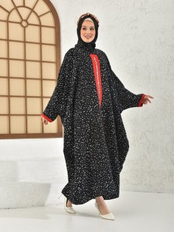 Desenli Payet Şerit Detaylı Siyah Kırmızı Ferace