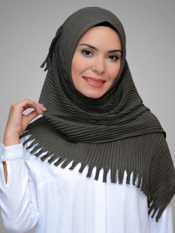 Pratik Hazır Geçmeli Kesik Elyaf Piliseli Saçaklı Lazer Kesim Haki Eşarp