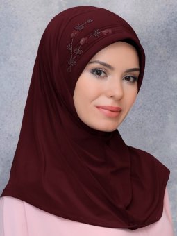 Pratik Hazır Geçmeli Sandy Kumaş Elişi Çiçek İşlemeli Pullu Bordo Eşarp