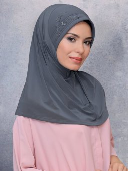 Pratik Hazır Geçmeli Sandy Kumaş Elişi Çiçek İşlemeli Pullu Gri Eşarp