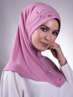 Pratik Hazır Geçmeli Sandy Kumaş Elişi Çiçek İşlemeli Pullu Gül Kurusu Eşarp