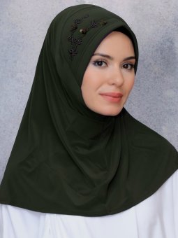 Pratik Hazır Geçmeli Sandy Kumaş Elişi Çiçek İşlemeli Pullu Haki Eşarp