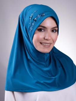 Pratik Hazır Geçmeli Sandy Kumaş Elişi Çiçek İşlemeli Pullu Petrol Mavisi Eşarp