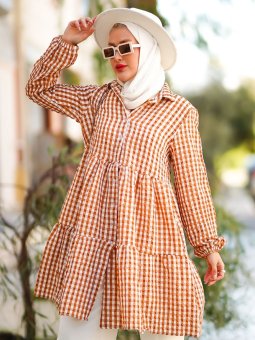 Kareli Fırfırlı Uzun Taba Gömlek Tunik