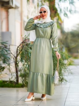 Ön Kısım Pileli Beli Lastikli Haki Elbise