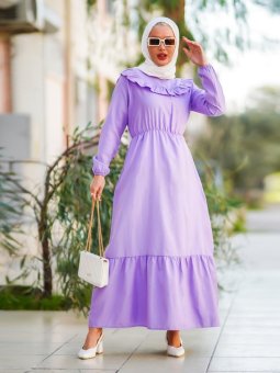 Ön Kısım Pileli Beli Lastikli Lila Elbise