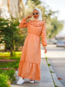 Ön Kısım Pileli Beli Lastikli Somon Elbise