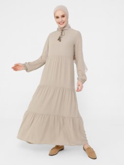 Balon Kol Püskül Detaylı Bej Elbise