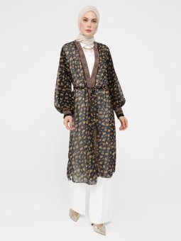 Çiçek Desenli Kuşaklı Şifon Siyah Ferace Kimono