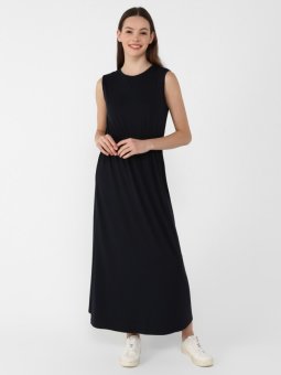 Doğal Kumaşlı Beli Lastikli Kolsuz Lacivert Elbise