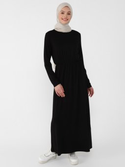 Doğal Kumaşlı Beli Lastikli Siyah Elbise
