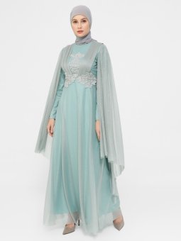 İnci Taş Ve Tül Detaylı Simli Mint Yeşili Abiye Elbise