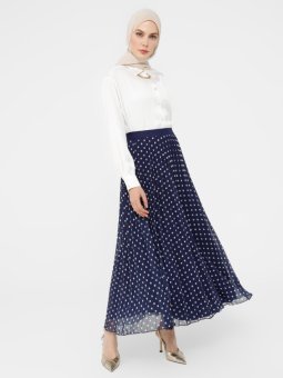 Tam Astarlı Puantiye Desenli Şifon Lacivert Beyaz Etek