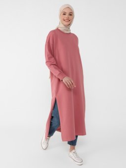 Yırtmaç Detaylı Basic Uzun Koyu Gül Tunik