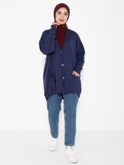 Cep Detaylı Düğmeli Triko Lacivert Hırka