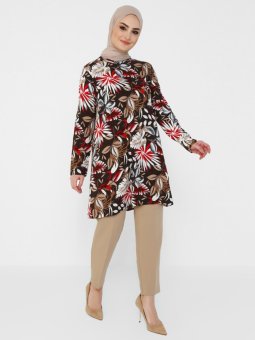 Doğal Kumaşlı Desenli Kahverengi Tunik