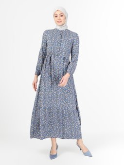 Çiçek Desenli İndigo Elbise