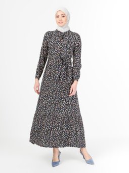 Çiçek Desenli Lacivert Elbise