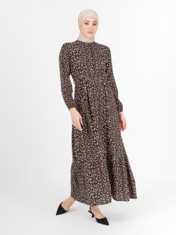 Çiçek Desenli Siyah Elbise