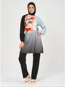 Çiçek Baskılı Siyah Tam Kapalı Mayo