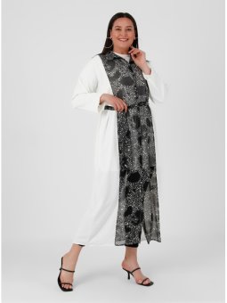 Büyük Beden Kuşaklı Şifon Siyah Beyaz Ferace
