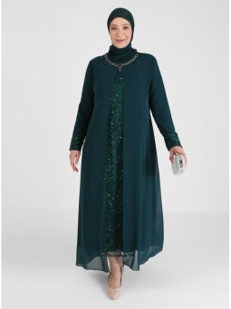 Yakası Taş Detaylı Pul Payetli Yeşil Abiye Elbise