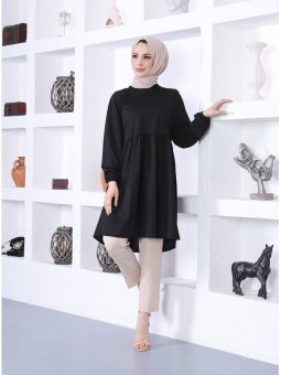 Kol Uçları Lastikli Siyah Tunik