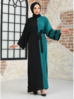 İki Renk Kol Bant Garni Siyah Zümrüt Yeşili Ferace