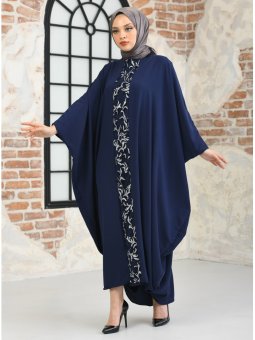 Ortası Aksesuar Garnili Lacivert Ferace