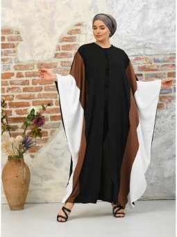 Üç Renkli Önü Açık Siyah Kahve Ferace Elbise