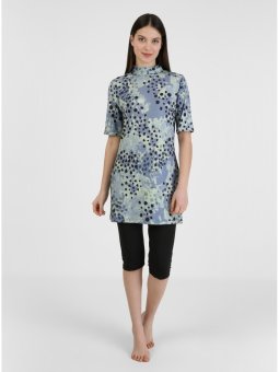 Lycra Puantiyeli Siyah Lila Yarım Kapalı Mayo