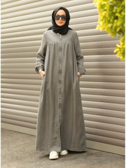 Fermuarlı Gri Ferace