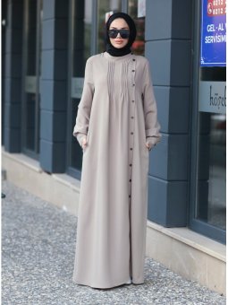 Önü Düğme Detaylı Bej Ferace