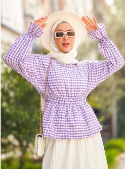 Bel Ve Manşeti Büzgü Lastikli Kareli Lila Bluz