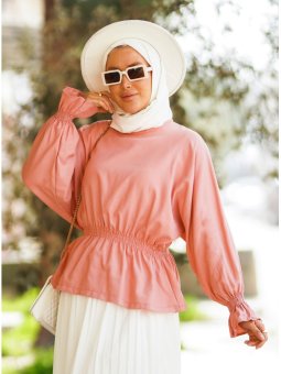 Beli Ve Manşeti Bizgü Lastikli Bluz Gül Kurusu Gömlek