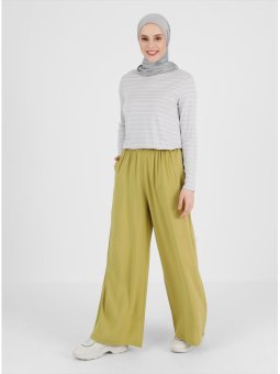 Geniş Paça Beli Lastikli Viskon Yağ Yeşili Pantolon