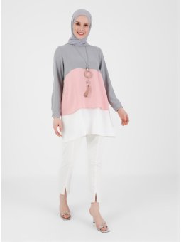 Gri Pudra Ekru Kolye Detaylı Renk Bloklu Aerobin Tunik