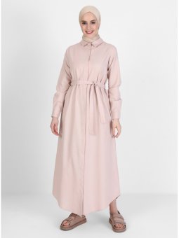 Oxford Kumaştan Gizli Düğmeli Uzun Kirli Pembe Gömlek Elbise