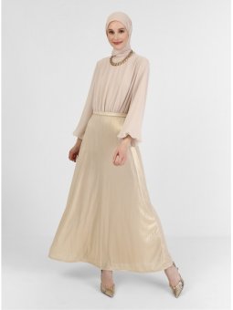 Özlem Süer X Balon Kollu Simli Bej Abiye Elbise