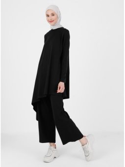 Pamuk Kumaşlı Asimetrik Kesim Tunik & Pantolon İkili Siyah Takım