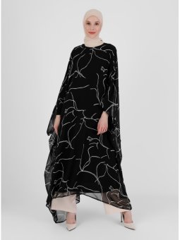 Sarmaşık Desenli Ekru Siyah Ferace