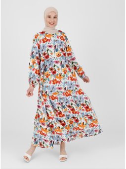 Viskon Kumaşlı Kol Ucu Lastikli Orange Çiçek Desenli Elbise