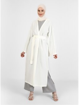 Viskon Kumaşlı Kuşaklı Off White Ferace