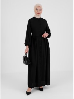 Boydan Düğmeli Siyah Elbise