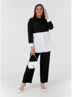 Büyük Beden Gizli Düğmeli Garnili Siyah Beyaz Tunik